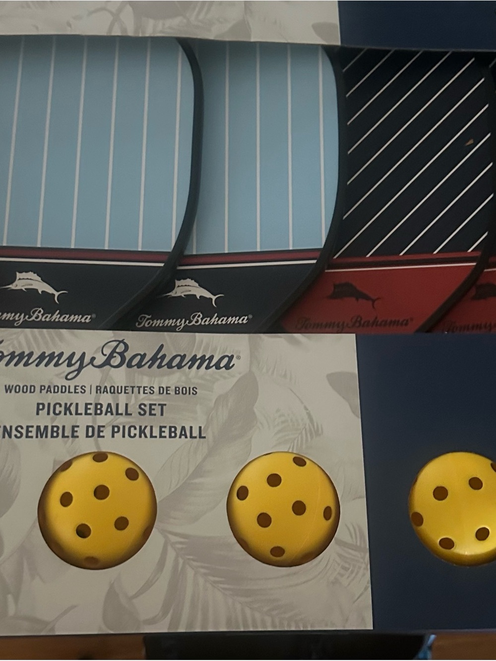 Tommy Bahama Pickleball Paddle Set in Light Blue, Navy and Red with Yellow Balls